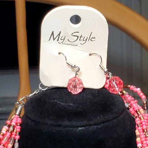 New Multi Strand Seed Bead Necklace Dangle Earring Set 18" Unsigned Retro - Picture 3 of 5